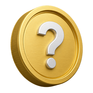 Pièce dorée en 3D ornée d'un point d'interrogation, affichée sur la page FAQ